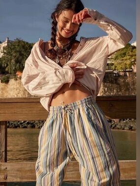 Free People Saylor Poplin Stripe Shorts Sea Combo Size S NWT